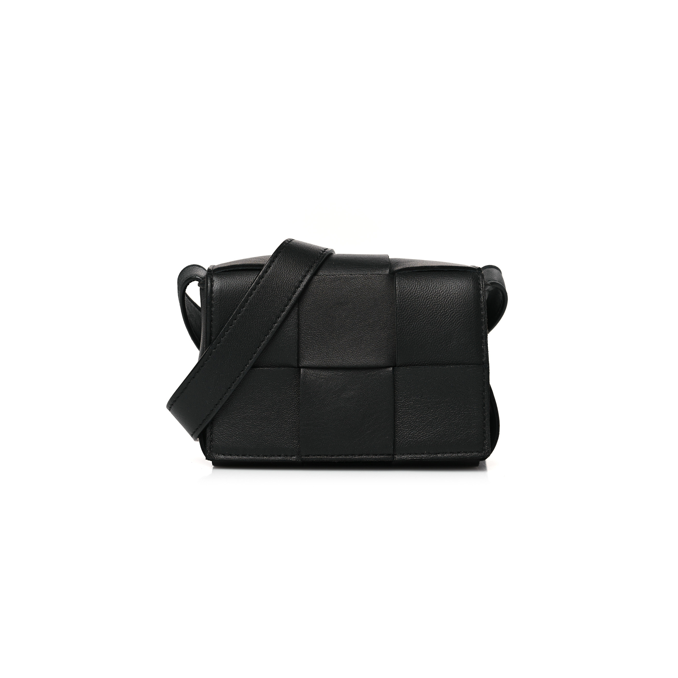 BOTTEGA VENETA LAMBSKIN MAXI INTRECCIATO EXTRA MINI CASSETTE CROSSBODY BAG BLACK (12*9*5cm)